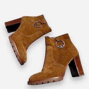 Tory Burch Sofia Brown Suede Chunk Heel Booties gold logo as 7.5